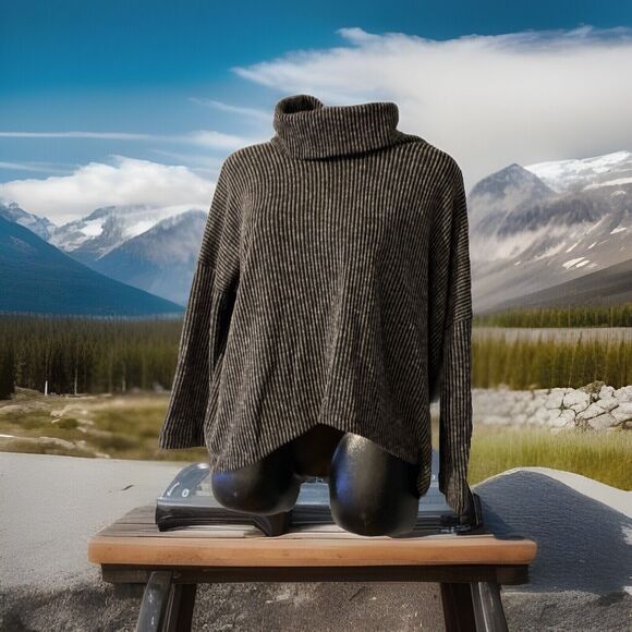 Clara Sun Woo Gray/Black Ribbed Knit Cropped Oversized Cowl Turtleneck Sweater L - Picture 1 of 5